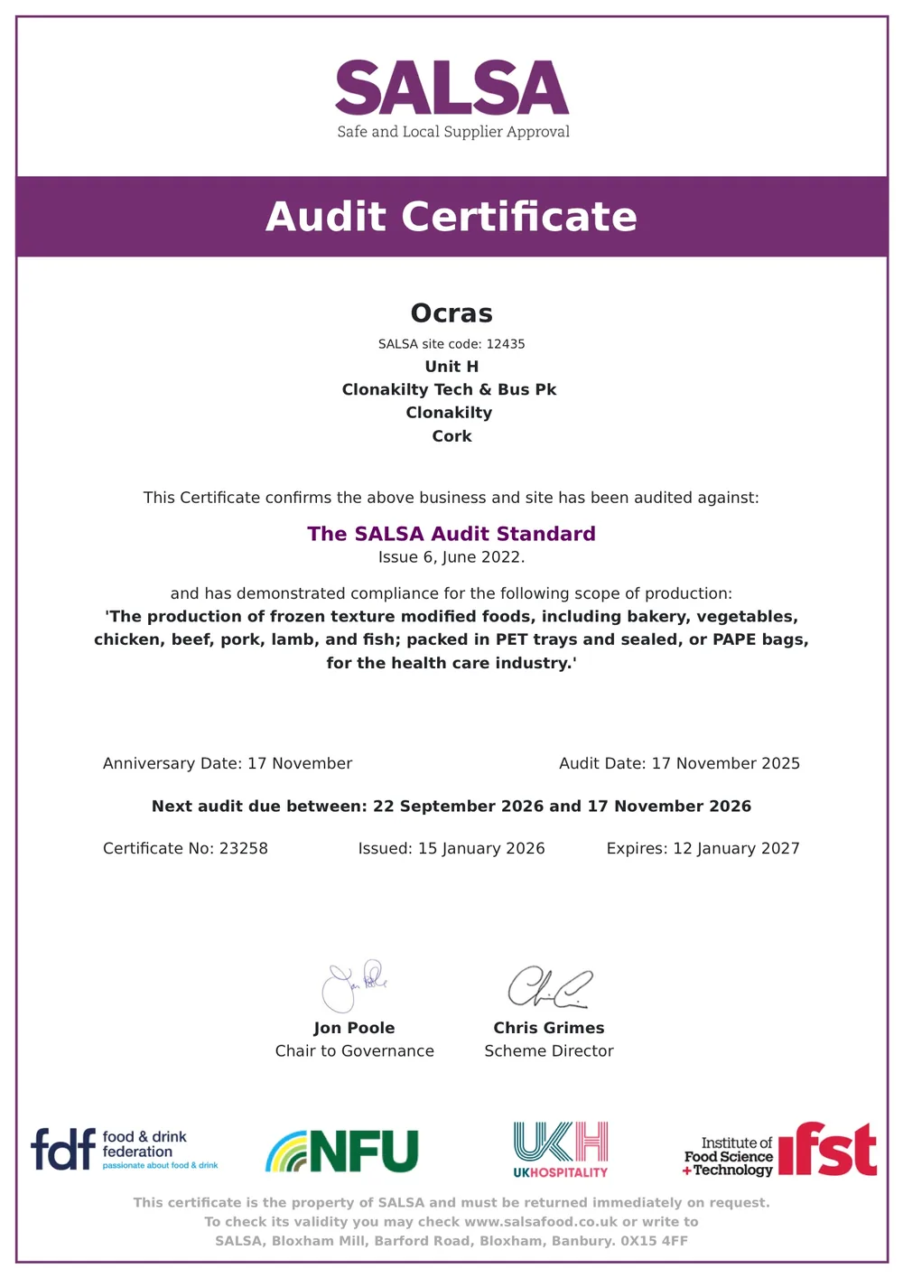 Ocras SALSA audit certificate